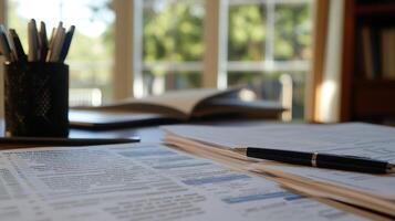 A workspace with documents, a pen, and a pencil holder, suggesting productivity and study photo