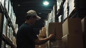 A person organizes boxes in a warehouse, focusing on logistics and inventory management photo