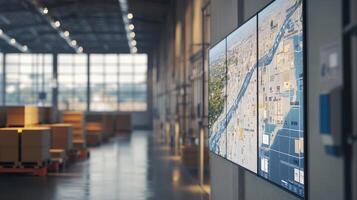 A warehouse interior featuring large screens displaying maps and data photo