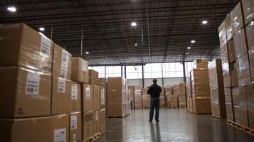 A person stands in a warehouse surrounded by stacked cardboard boxes photo