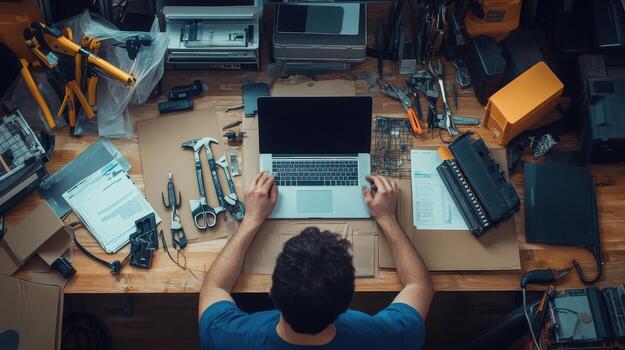 A person working on a laptop surrounded by tools and equipment in a workshop setting photo