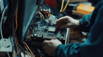 A person assembling a computer motherboard amidst tangled wires and electronic components photo