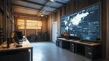 A modern control room with large screens displaying data and maps photo
