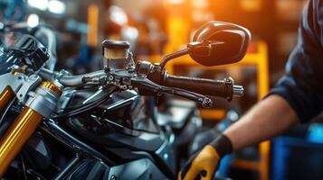 A close-up of a motorcycle handlebar in a workshop, showcasing maintenance work photo