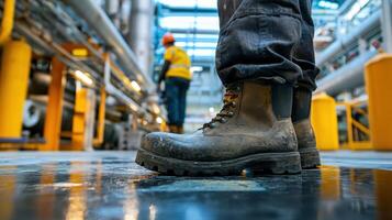 A worker's boots in an industrial setting, highlighting safety and labor in a factory environment photo