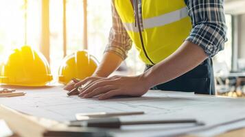 A construction worker reviewing blueprints on a table with safety helmets nearby photo