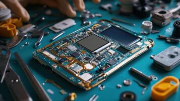 A close-up of a circuit board surrounded by various electronic components and tools photo