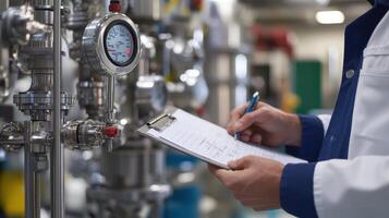 Technician inspecting machinery while taking notes on a clipboard in an industrial setting photo