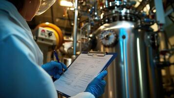 A scientist in a lab coat reviews data near industrial equipment photo