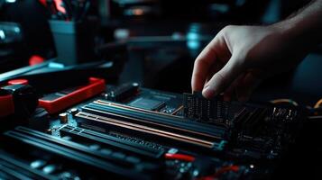 A person installing RAM on a computer motherboard in a dimly lit workspace photo