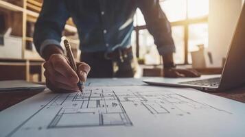 A person sketches architectural plans on paper while using a laptop in a well-lit workspace photo
