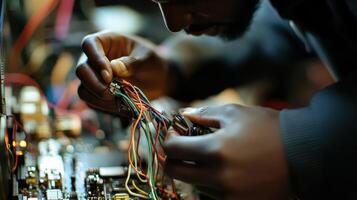 A person meticulously working on electronic wires and components in a technical setting photo