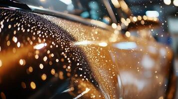 Close-up of a shiny car surface with water droplets and bokeh lights in the background photo
