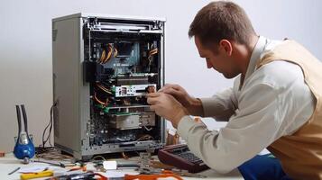A technician repairs a computer tower, surrounded by tools and components photo