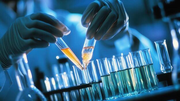 A scientist conducting an experiment with test tubes in a laboratory setting photo