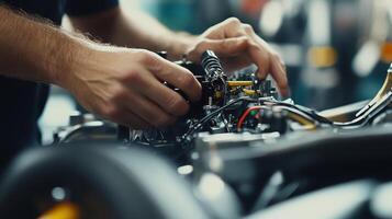 A person assembling a mechanical component in a workshop, focusing on precision and detail photo