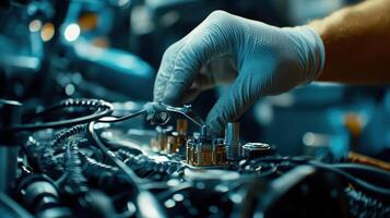 A technician adjusts components on a mechanical engine, showcasing precision and skill photo
