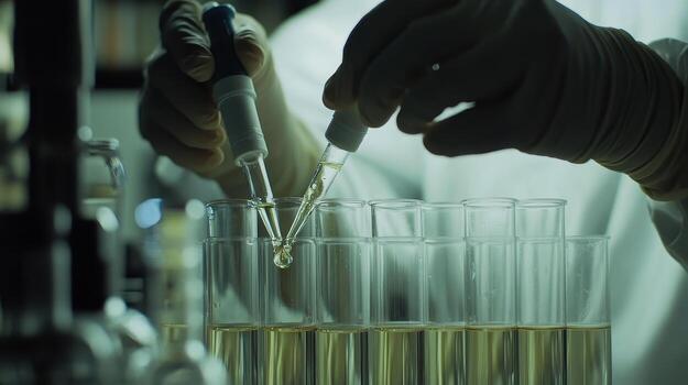 A scientist using pipettes to transfer liquids into test tubes in a laboratory setting photo