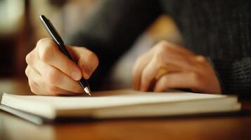 A person writing in a notebook with a pen, capturing thoughts or ideas photo