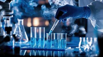 A laboratory scene with a hand using a pipette to transfer blue liquid into test tubes photo