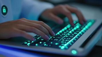 A close-up of hands typing on a glowing keyboard, symbolizing cybersecurity and technology photo