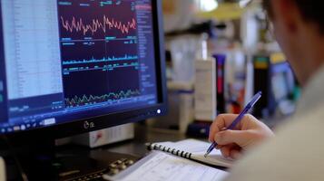 A person analyzing data on a computer screen while taking notes in a lab setting photo