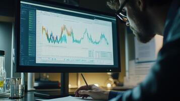 A person analyzing data on a computer screen with financial graphs and charts photo