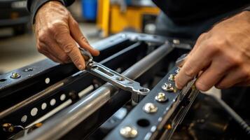 A person using a wrench to tighten bolts on a mechanical frame in a workshop photo