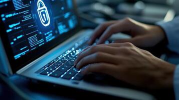 A person typing on a laptop with a cybersecurity theme displayed on the screen photo