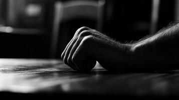 un de cerca de un mano descansando en un mesa, transporte contemplación o tensión en monocromo foto