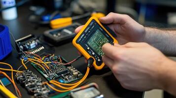 A person using a device to analyze electronic components on a workbench photo