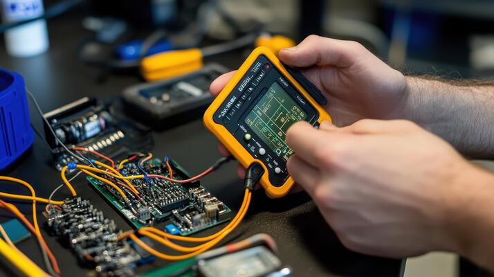 A person using a device to analyze electronic components on a workbench