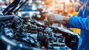 A mechanic working on a car engine in an automotive workshop photo