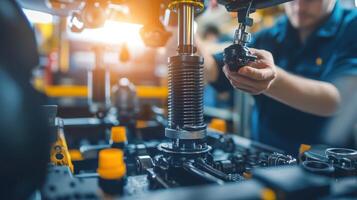 A technician assembling mechanical components in an industrial setting photo
