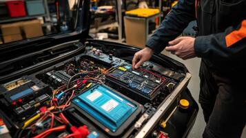 A technician working on a vehicle's electrical system, examining wiring and components photo
