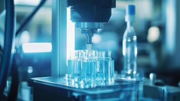 A laboratory setup with a precision machine dispensing into glass vials photo