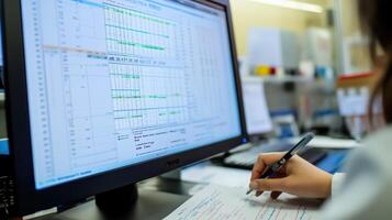 A person reviewing data on a screen while taking notes on a document photo