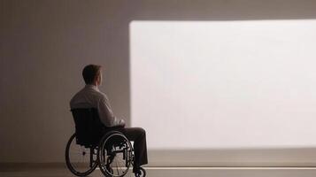 A man in a wheelchair gazes at a light projection on a wall, symbolizing hope and reflection photo