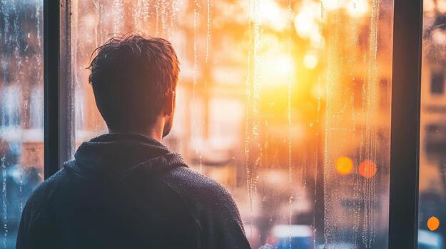 A person gazes out a window at a sunset, with raindrops on the glass creating a reflective mood photo