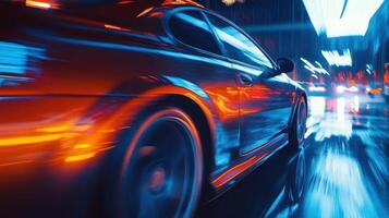 A dynamic shot of a car speeding through a neon-lit urban environment at night photo