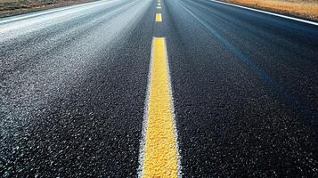 A close-up view of a straight road with a yellow centerline and asphalt surface photo