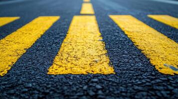 Close-up of yellow crosswalk lines on a dark asphalt road photo