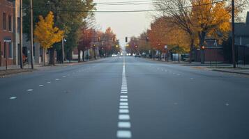 A quiet urban street lined with trees, showcasing autumn colors and traffic signals photo