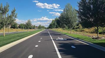 A clear road lined with trees and bike lane, under a blue sky with scattered clouds photo