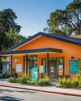 A modern building with an orange facade and greenery, serving as a community center. photo
