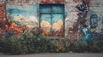 A vibrant mural on a brick wall depicting colorful landscapes and clouds photo