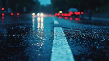 A rainy street scene with blurred car lights reflecting on wet pavement photo