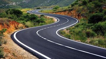 A winding road through lush green hills, inviting exploration and travel photo