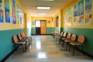 A hallway with empty chairs and colorful posters, likely in a waiting area photo