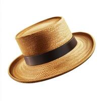 A stylish straw boater hat with a brown band, often worn for leisure or formal occasions photo